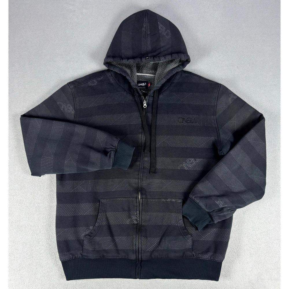 Oneill Hoodie Jacket XL Black Grey Faded Sherpa Lined Full Y2K Skate Surf Grunge